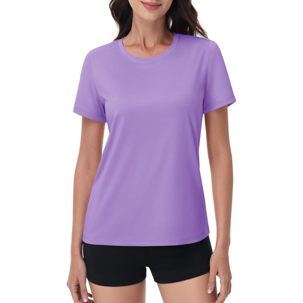 imageMAGCOMSEN Womens Short Sleeve Shirt UPF 80 Sun Protection TShirts Quick Dry Workout Gym Running TopsLight Purple