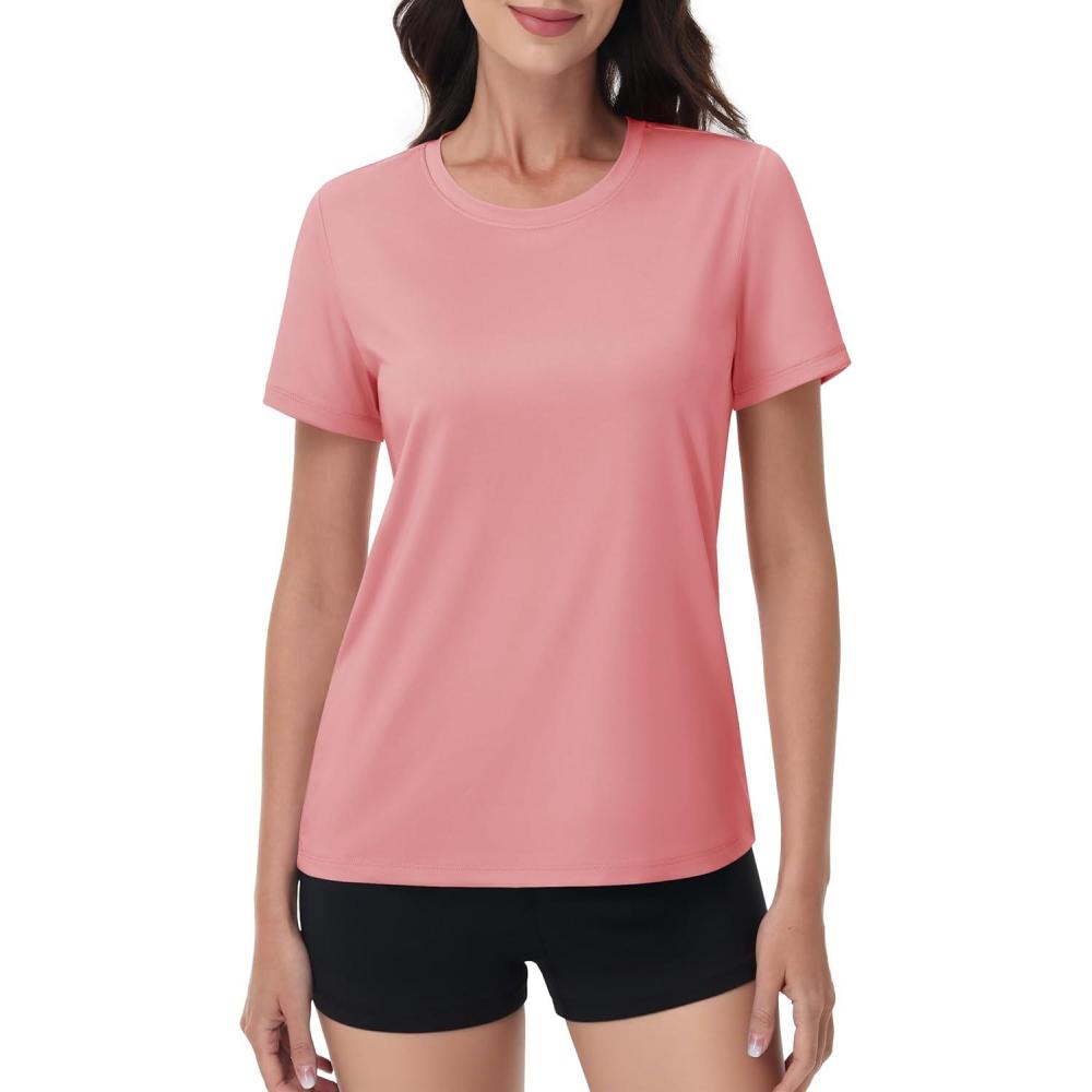 imageMAGCOMSEN Womens Short Sleeve Shirt UPF 80 Sun Protection TShirts Quick Dry Workout Gym Running TopsPink