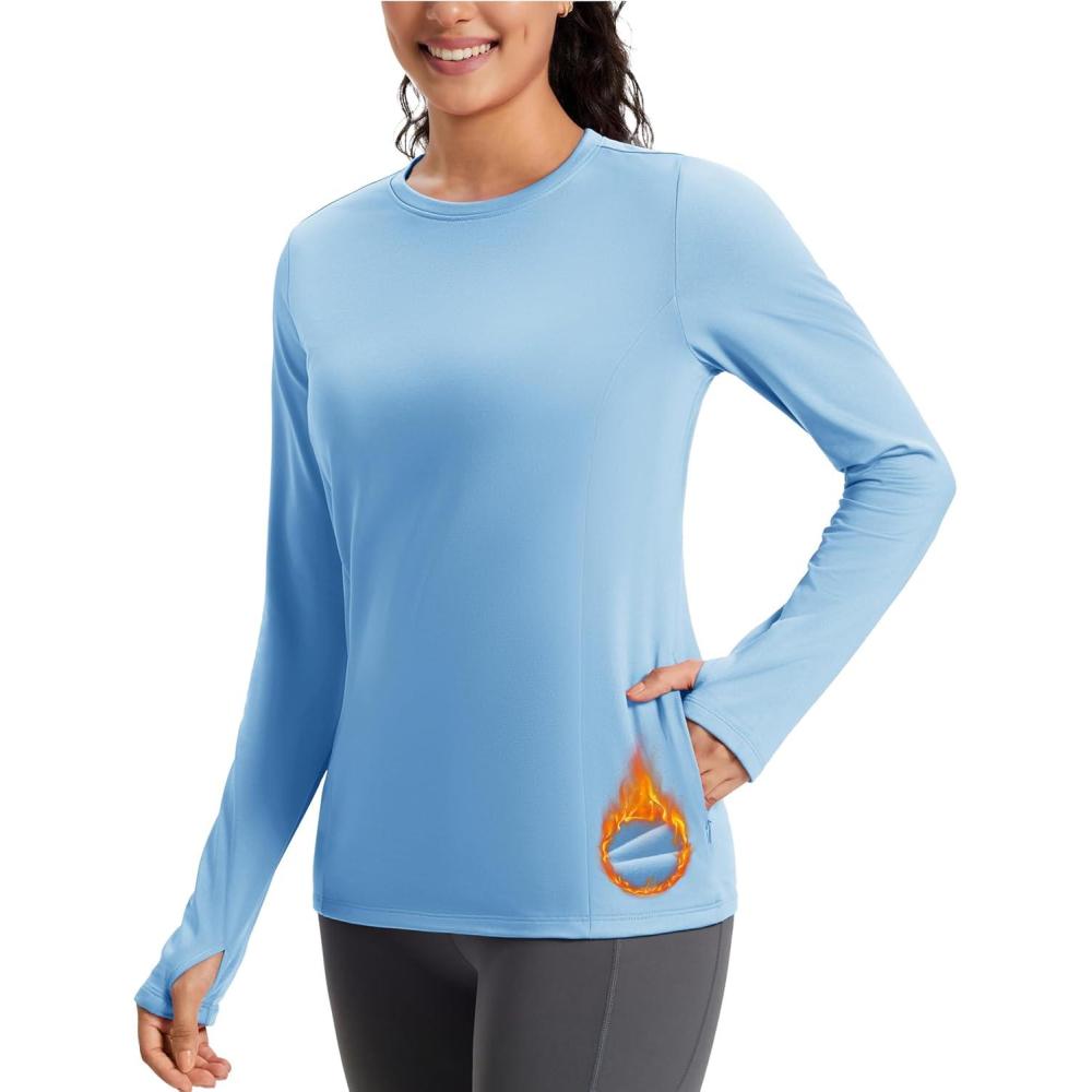 imageMAGCOMSEN Womens Thermal Shirts Long Sleeve Fleece Lined Shirt Workout Tops Athletic Base Layer Running Hiking WinterLight Blue