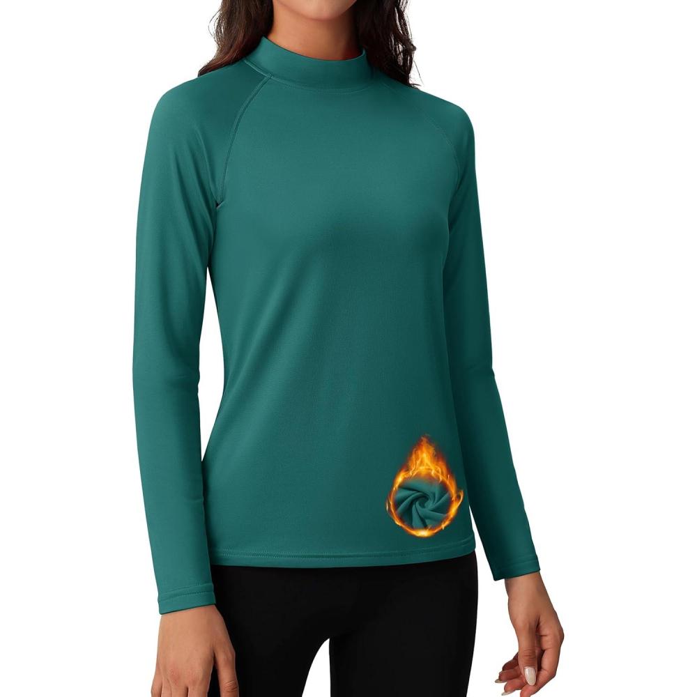 imageMAGCOMSEN Womens Thermal Shirts Mock Turtleneck Fleece Lined Long Sleeve Workout Tops Underwear Base Layer RunningEmerald Green