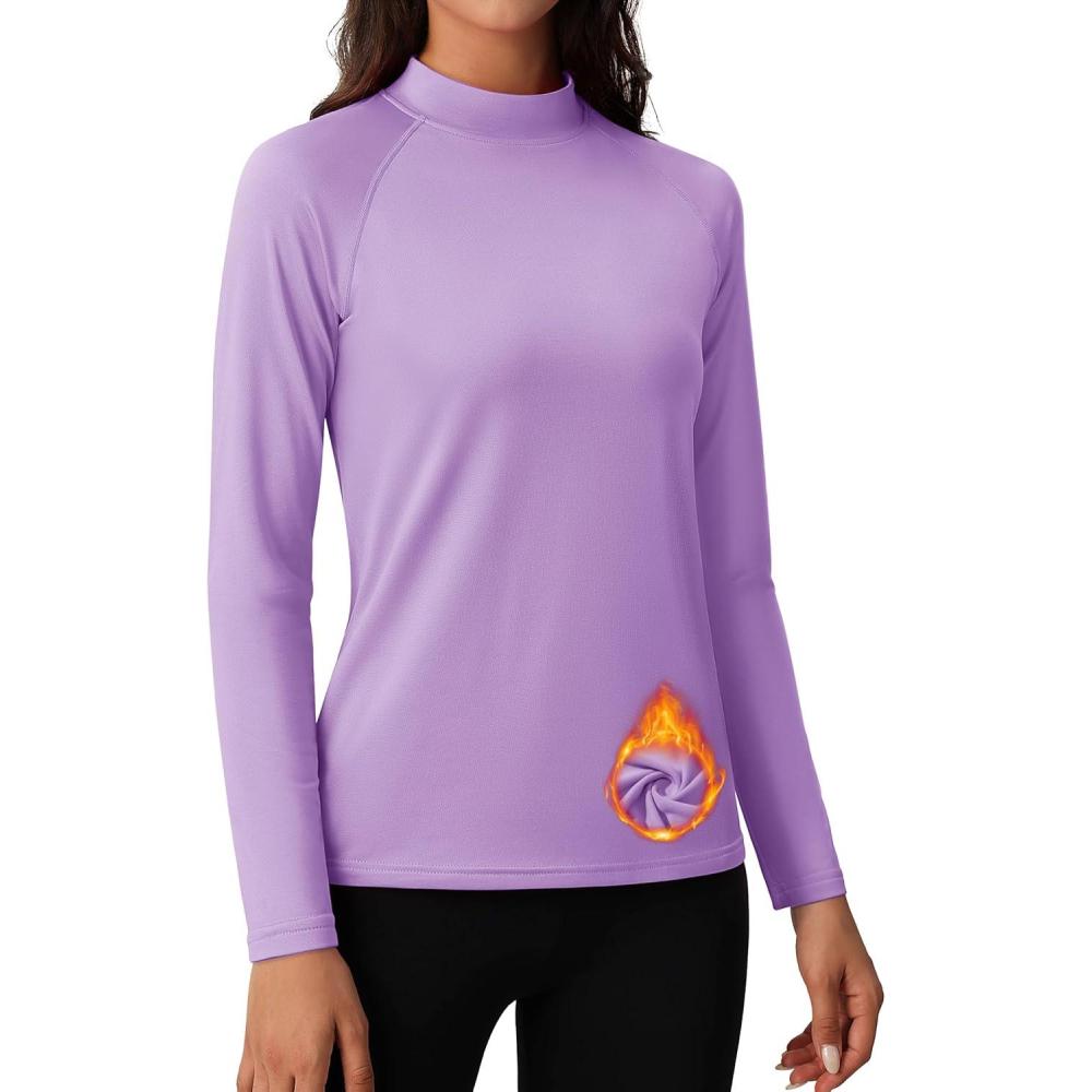 imageMAGCOMSEN Womens Thermal Shirts Mock Turtleneck Fleece Lined Long Sleeve Workout Tops Underwear Base Layer RunningLight Purple
