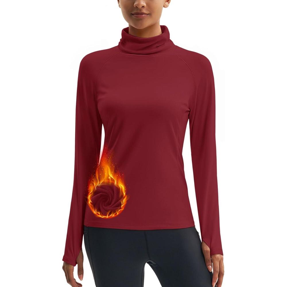 imageMAGCOMSEN Womens Thermal Shirts Mock Turtleneck Long Sleeve Undershirt Fleece Base Layer Top with Thumb HolesVintagered