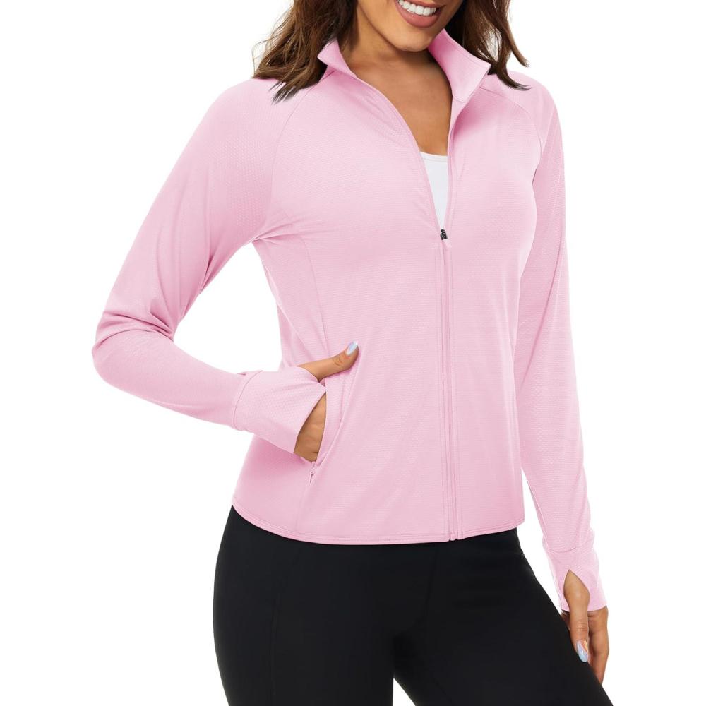 imageMAGCOMSEN Womens UPF 50 Lightweight Zip Up Jackets Cropped Athletic Workout UV Protection Sun Shirt RunningLight Pink