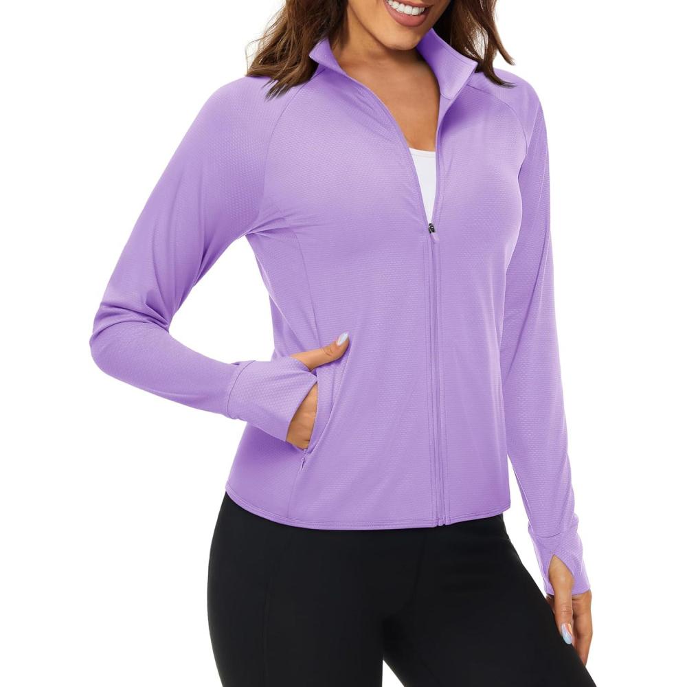 imageMAGCOMSEN Womens UPF 50 Lightweight Zip Up Jackets Cropped Athletic Workout UV Protection Sun Shirt RunningLight Purple
