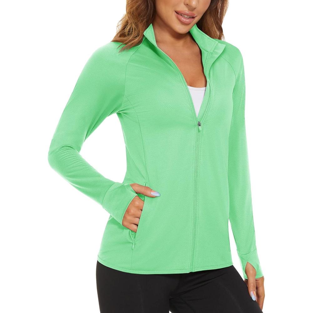 imageMAGCOMSEN Womens UPF 50 Lightweight Zip Up Jackets Cropped Athletic Workout UV Protection Sun Shirt RunningMint Green