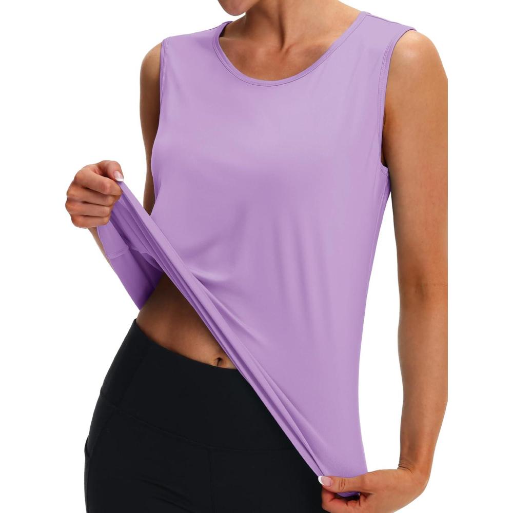 imageMAGCOMSEN Womens Workout Tank Top Athletic Muscle Sleeveless Crew Neck Shirt UPF 80 Moisture Wicking Gym RunningLight Purple