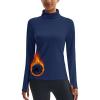 imageMAGCOMSEN Womens Thermal Shirts Mock Turtleneck Long Sleeve Undershirt Fleece Base Layer Top with Thumb HolesNavy