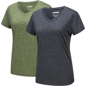 imageMAGCOMSEN 2 Pack Womens Short Sleeve Tees Moisture Wicking Shirts Summer V Neck Running TopsBlackAgreen