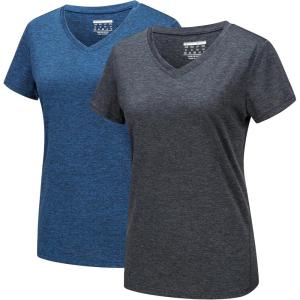 imageMAGCOMSEN 2 Pack Womens Short Sleeve Tees Moisture Wicking Shirts Summer V Neck Running TopsBlackDblue