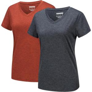 imageMAGCOMSEN 2 Pack Womens Short Sleeve Tees Moisture Wicking Shirts Summer V Neck Running TopsBlackDorange