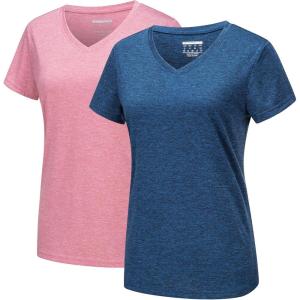 imageMAGCOMSEN 2 Pack Womens Short Sleeve Tees Moisture Wicking Shirts Summer V Neck Running TopsDbluePink