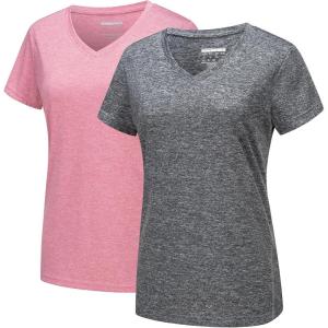 imageMAGCOMSEN 2 Pack Womens Short Sleeve Tees Moisture Wicking Shirts Summer V Neck Running TopsDgryPink