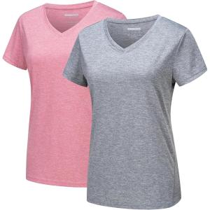 imageMAGCOMSEN 2 Pack Womens Short Sleeve Tees Moisture Wicking Shirts Summer V Neck Running TopsLgyPink