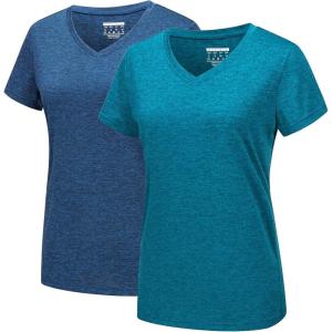 imageMAGCOMSEN 2 Pack Womens Short Sleeve Tees Moisture Wicking Shirts Summer V Neck Running TopsPblueDblue