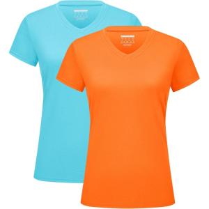 imageMAGCOMSEN 2 Pack Womens T Shirts VNeck Short Sleeve UPF 50 Sun Protection Workout Quick Dry Shirts Tee TopsIce BlueOrange