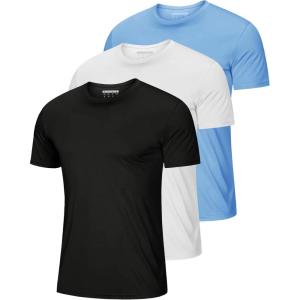 imageMAGCOMSEN 3 Pack Mens Short Sleeve Quick Dry Shirts Moisture Wicking UPF 50 Athletic Running Gym Workout Swim TShirtsBlackWhiteSky Blue