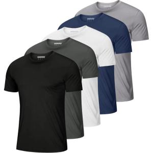 imageMAGCOMSEN 5 Pack Mens Short Sleeve UPF 50 Shirts Dry Fit Athletic Rash Guard Workout Running Swim Gym Performance TshirtsBlackDark GreyWhiteNavyLight Grey