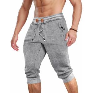 imageMAGCOMSEN Mens 34 Jogger Capri Pants with Zipper Pockets Knee Length Running Training Workout ShortsLight Grey
