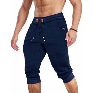 imageMAGCOMSEN Mens 34 Jogger Capri Pants with Zipper Pockets Knee Length Running Training Workout ShortsNavy