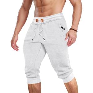 imageMAGCOMSEN Mens 34 Jogger Capri Pants with Zipper Pockets Knee Length Running Training Workout ShortsWhite