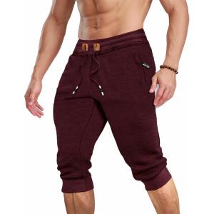 imageMAGCOMSEN Mens 34 Jogger Capri Pants with Zipper Pockets Knee Length Running Training Workout ShortsWine Red