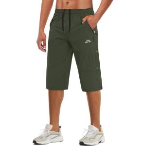 imageMAGCOMSEN Mens Capri Shorts Quick Dry Below Knee 34 Capri Pants with Zipper Pockets for Workout Running Training SummerArmy Green