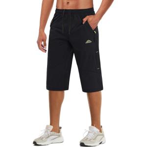 imageMAGCOMSEN Mens Capri Shorts Quick Dry Below Knee 34 Capri Pants with Zipper Pockets for Workout Running Training SummerBlack
