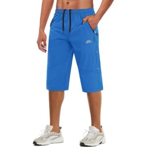 imageMAGCOMSEN Mens Capri Shorts Quick Dry Below Knee 34 Capri Pants with Zipper Pockets for Workout Running Training SummerBright Blue