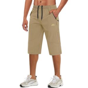 imageMAGCOMSEN Mens Capri Shorts Quick Dry Below Knee 34 Capri Pants with Zipper Pockets for Workout Running Training SummerKhaki