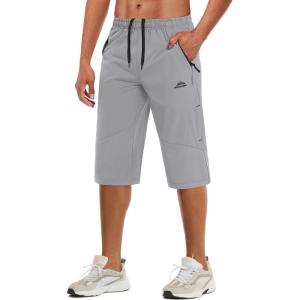 imageMAGCOMSEN Mens Capri Shorts Quick Dry Below Knee 34 Capri Pants with Zipper Pockets for Workout Running Training SummerLight Grey