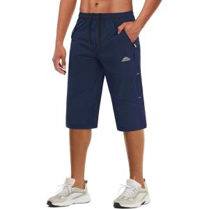 imageMAGCOMSEN Mens Capri Shorts Quick Dry Below Knee 34 Capri Pants with Zipper Pockets for Workout Running Training SummerNavy