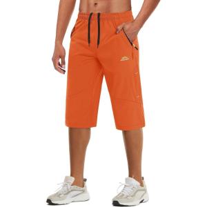 imageMAGCOMSEN Mens Capri Shorts Quick Dry Below Knee 34 Capri Pants with Zipper Pockets for Workout Running Training SummerOrange
