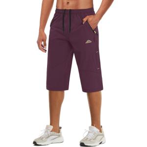 imageMAGCOMSEN Mens Capri Shorts Quick Dry Below Knee 34 Capri Pants with Zipper Pockets for Workout Running Training SummerPurple Red