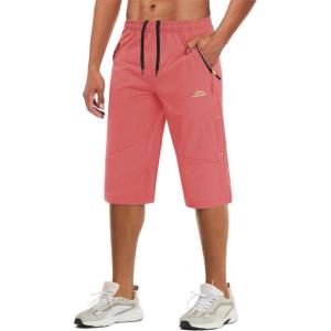 imageMAGCOMSEN Mens Capri Shorts Quick Dry Below Knee 34 Capri Pants with Zipper Pockets for Workout Running Training SummerWatermelon Red