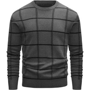 imageMAGCOMSEN Mens Crewneck Sweaters Cotton Lightweight Plaid Pullover Sweater Warm Casual Fall Winter SweatshirtsDark Grey