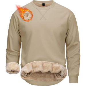 imageMAGCOMSEN Mens Crewneck Sweatshirt Sherpa Lined Casual Fleece Pullover Long Sleeve Warm Heavyweight Cotton SweatShirtsKhaki