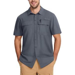 imageMAGCOMSEN Mens Fishing Shirts UPF 50 Short Sleeve Sun Protection Shirts Quick Dry Cooling Button Down Shirt Hiking SafariDark Grey