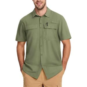imageMAGCOMSEN Mens Fishing Shirts UPF 50 Short Sleeve Sun Protection Shirts Quick Dry Cooling Button Down Shirt Hiking SafariGrey Green