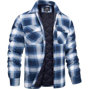 imageMAGCOMSEN Mens Flannel Shirts Long Sleeve Quilted Lined Button Down Plaid Flannel Jacket Heavyweight Warm Winter CoatBlue