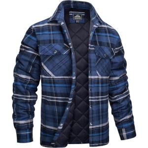 imageMAGCOMSEN Mens Flannel Shirts Long Sleeve Quilted Lined Button Down Plaid Flannel Jacket Heavyweight Warm Winter CoatBlue Grey