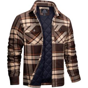 imageMAGCOMSEN Mens Flannel Shirts Long Sleeve Quilted Lined Button Down Plaid Flannel Jacket Heavyweight Warm Winter CoatBrown Yellow