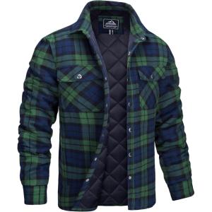 imageMAGCOMSEN Mens Flannel Shirts Long Sleeve Quilted Lined Button Down Plaid Flannel Jacket Heavyweight Warm Winter CoatGreen