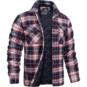 imageMAGCOMSEN Mens Flannel Shirts Long Sleeve Quilted Lined Button Down Plaid Flannel Jacket Heavyweight Warm Winter CoatRed