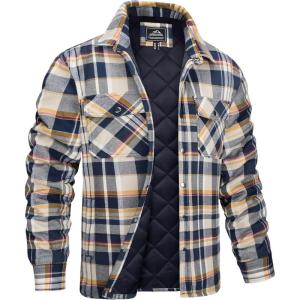 imageMAGCOMSEN Mens Flannel Shirts Long Sleeve Quilted Lined Button Down Plaid Flannel Jacket Heavyweight Warm Winter CoatYellow