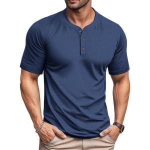 imageMAGCOMSEN Mens Henley Short Sleeve Shirt Cotton Lightweight 3 Button Tops Vintage Casual Summer Shirt Soft FashionDark Bluecotton Blend