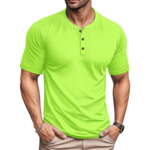 imageMAGCOMSEN Mens Henley Short Sleeve Shirt Cotton Lightweight 3 Button Tops Vintage Casual Summer Shirt Soft FashionFluorescent Greencotton