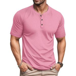 imageMAGCOMSEN Mens Henley Short Sleeve Shirt Cotton Lightweight 3 Button Tops Vintage Casual Summer Shirt Soft FashionGrey Pinkcotton Blend