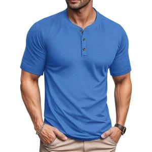 imageMAGCOMSEN Mens Henley Short Sleeve Shirt Cotton Lightweight 3 Button Tops Vintage Casual Summer Shirt Soft FashionSea Bluecotton Blend