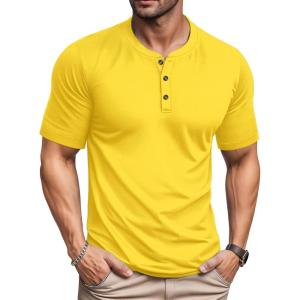 imageMAGCOMSEN Mens Henley Short Sleeve Shirt Cotton Lightweight 3 Button Tops Vintage Casual Summer Shirt Soft FashionYellowcotton