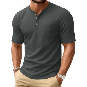 imageMAGCOMSEN Mens Henley Short Sleeve Shirt Cotton Lightweight Tee Shirts Casual Summer Basic Tees with PocketDark Grey